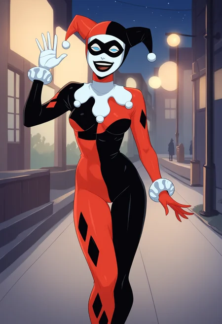 score_9, score_8_up, score_7_up, score_6_up, score_5_up, score_4_up, BREAK source_cartoon,
1girl, hq1992, domino mask, jester cap, bodysuit, blue eyes, no pupils, gloves,
waving, open mouth, smile, looking at viewer, night, buildings, outdoors, street background <lora:HQ1992XL:1>