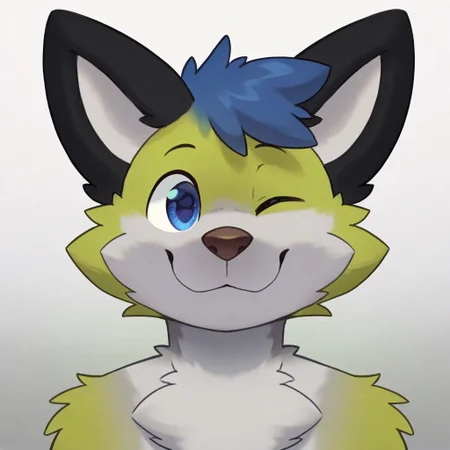 best quality, amazing quality, high resolution, masterpiece, very aesthetic, absurdres, newest, simple art, depth of field, source_anime, furry, furry male, anthro, realistic,
syuro, zuppu11, (((detailed eyes)), simple background, gradient background, wink, winking, one eye closed, happy, looking at viewer, (((portrait))),
lim3, (((neon green body, light gray fur))), (((better quality))), black ears, white inner ear, brown nose, blue hair, ((blue eyes))