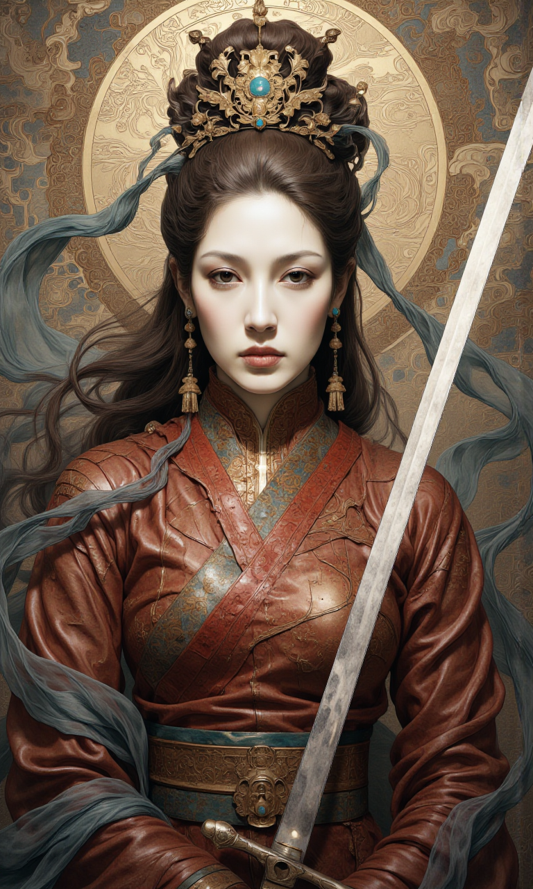 Top Atmosphere Photography Works, extremely realistic, midjourneyv6.1, Portrait by Dorota Pietrowiak,

(top quality, official art, best quality, beautiful and aesthetic, movie grade color grading, Epic, 24bit colors:1.2), 

(a woman/an extraordinarily beautiful Eastern woman with a gentle and mysterious temperament, flawless and incredibly beautiful face, her eyes shimmering with the clarity of amber. Her figure is absolutely perfect, commanding admiration) is holding a sword and rising a arm. full body, hanfu, 

elegant physique, digital painting, 