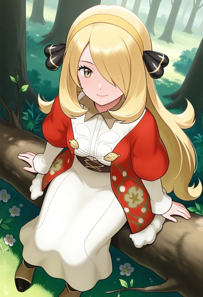 2d, masterpiece, best quality, amazing quality, highres, absurdres, newest, 1girl, solo, sitting, on branch, forest, nature, from above, dutch angle, looking at viewer, medium breasts, mature female, cynthia \(pokemon\), blonde hair, long hair, hair over one eye, grey eyes, adult body, grown up, yellow hairband, white dress, collared dress, long dress, brown sash, long sleeves, red jacket, floral print, black pantyhose, ankle boots, brown footwear