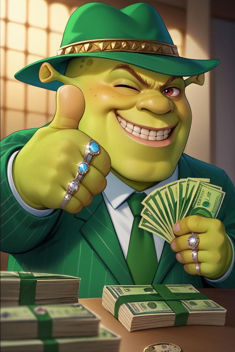 score_9, score_8_up, score_7_up, BREAK,  <lora:gangstersb-guy-PONYv1:1>, gangstersb, thumbs up, one eye closed, grin, smile, money, holding money, portrait, cropped torso, ring, formal, hat, green headwear, necktie, suit, striped, solo, looking at viewer, <lora:Shrek_XLPD:0.9> shrek, green skin, 1boy,