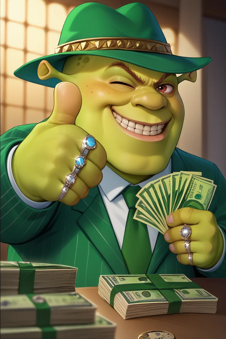 score_9, score_8_up, score_7_up, BREAK, <lora:gangstersb-guy-PONYv1:1>, gangstersb, thumbs up, one eye closed, grin, smile, money, holding money, portrait, cropped torso, ring, formal, hat, green headwear, necktie, suit, striped, solo, looking at viewer, <lora:Shrek_XLPD:0.9> shrek, green skin, 1boy,