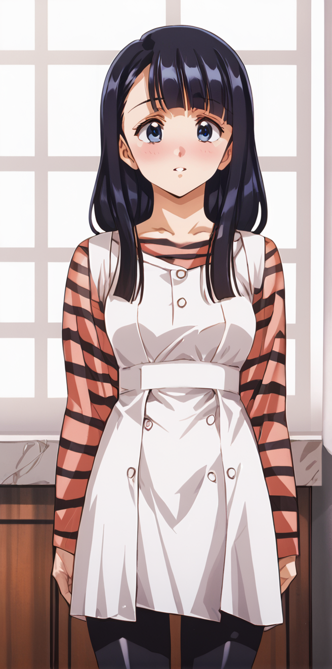 1girl,  absurdres, uncensored,
score_9, score_8_up, score_7_up, score_6_up, source_anime, zPDXL3,
(mature female),
BREAK
indoors, seductive smile, smile,
BREAK
,
BREAK
 koyuzu, blue eyes, black hair, long hair, dress, striped shirt, striped, long sleeves, black pantyhose,  <lora:Urushihara Satoshi_XL_PONY_V2:0.9>,<lora:edomaeelf:0.8>