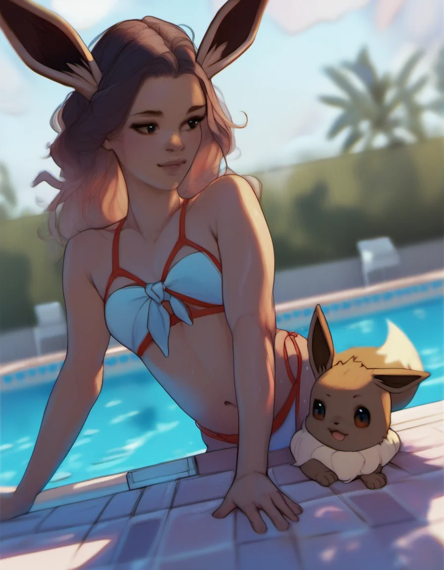 source_cartoon, rating_safe, <lora:Diathorn_SDXL_Pony:1> by Diathorn ,  female Eevee, source_feral, in a swimming pool, bikini, score_9, score_8_up, score_7_up, score_6_up, score_5_up, score_4_up