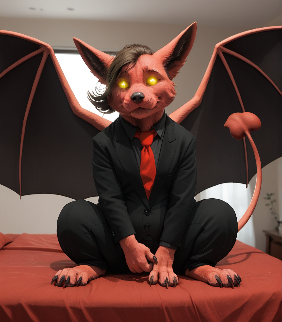 <lora:Expressive_H:1> <lora:Poe_Familiar_Travels_r1:1> Poe, incubus, red fur,  glowing yellow eyes, long brown hair, short ponytail, trans male, wings, tail, 1boy, furry, wide hips, chubby, suit, necktie, claws, 
BREAK
headshot, closeup, from shoulders up,
BREAK
nervous expression, closed mouth, 
BREAK
realism, photographic, realistic fur, realistic lighting,