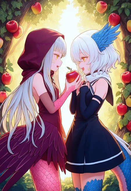 score_9,score_8_up,score_7_up, <lora:cfg_scale_boost:0.4>    oastlv
multiple girls, 2girls, food, apple, fruit, short hair, long hair, open mouth, scales, holding, dress, tail, holding food, holding fruit, closed eyes, monster girl, bare shoulders, hood, black dress, bangs, looking at another, white hair, elbow gloves, gloves, profile, from side, grey hair, hood up, wings, holding another's arm, bird girl, forest background