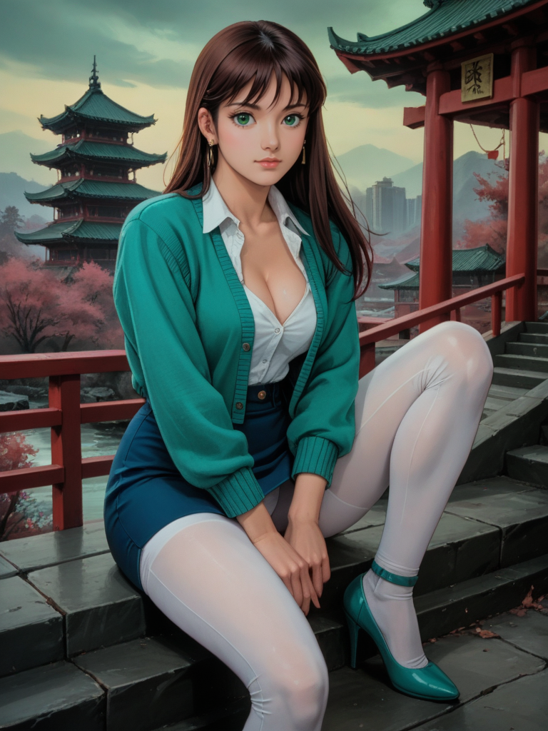 score_9, score_8_up, score_7_up, realistic,  background is green sky, asian temple, wasteland, <lora:Mia_Koji:.55>, miakoji, mia from ronin warriors is sitting on the edge of a bridge wearing a cardigan sweater, pastels, blouse, deep cleavage, lowcut shirt, unbuttoned, pencil skirt, white leggings, heels, 1girl, retro, brown hair, 1980s (style), bangs, long hair, (green eyes), japanese, asian, monolid:1.2, boudoir, <lora:Ronin_Warriors-000008:.4>, roninwarriors, armored tiger, tiger wearing armor