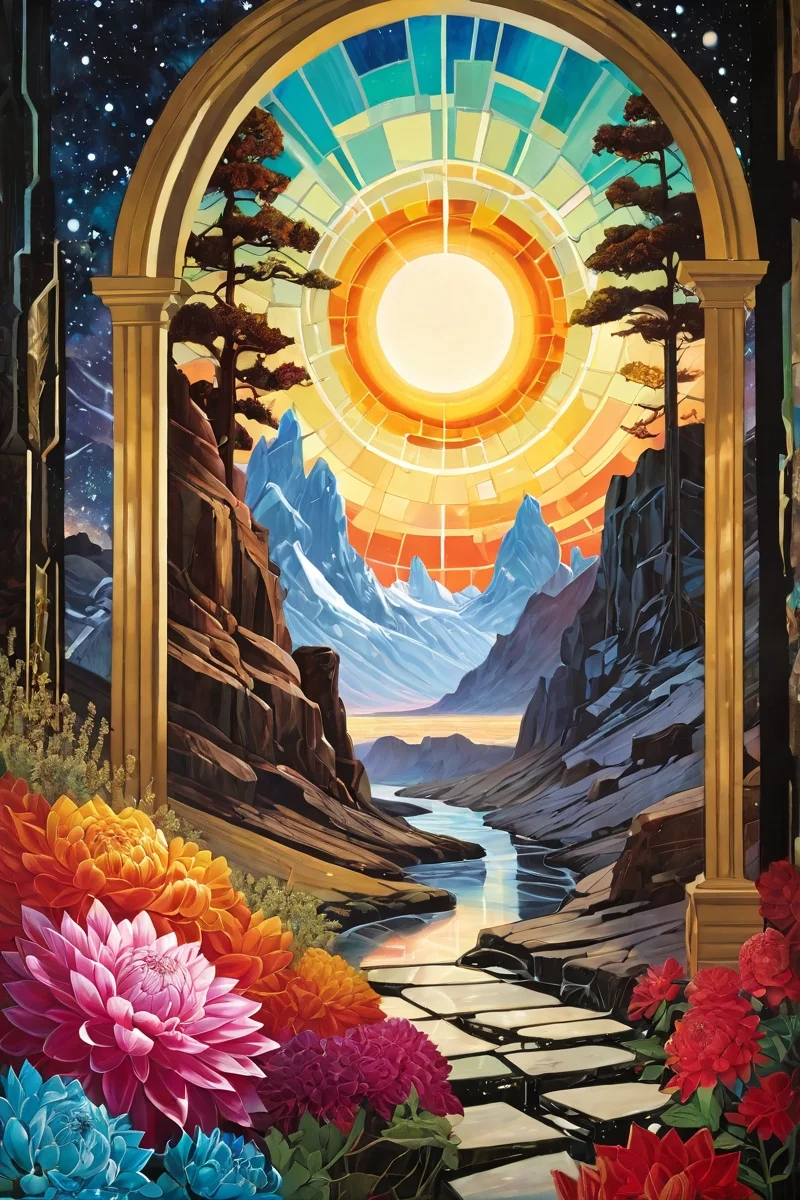 Landscape,Landscape creator,portal \(object\)to other world,  A petrified forest with quartz core samples geodes erupting like fungi,  sky fracturing into stained glass panes, Hedges of glass-like dahlias refracting warped realities, perpetual equinox with dual overlapping shadows, northern lights unraveling into silk threads, Art painting by Shepard Fairey and René Magritte , featured on Even Amundsen,,
<lora:extremely_detailed:0.7> extremely detailed ,
<lora:add-detail-xl:0.7>,
 <lora:softdigital2x2:0.15>,
 <lora:EpicF4nta5yXL:0.3>,, Magic realism painting art style, surreal compositions, vibrant colors, blurs the line between reality and fantasy