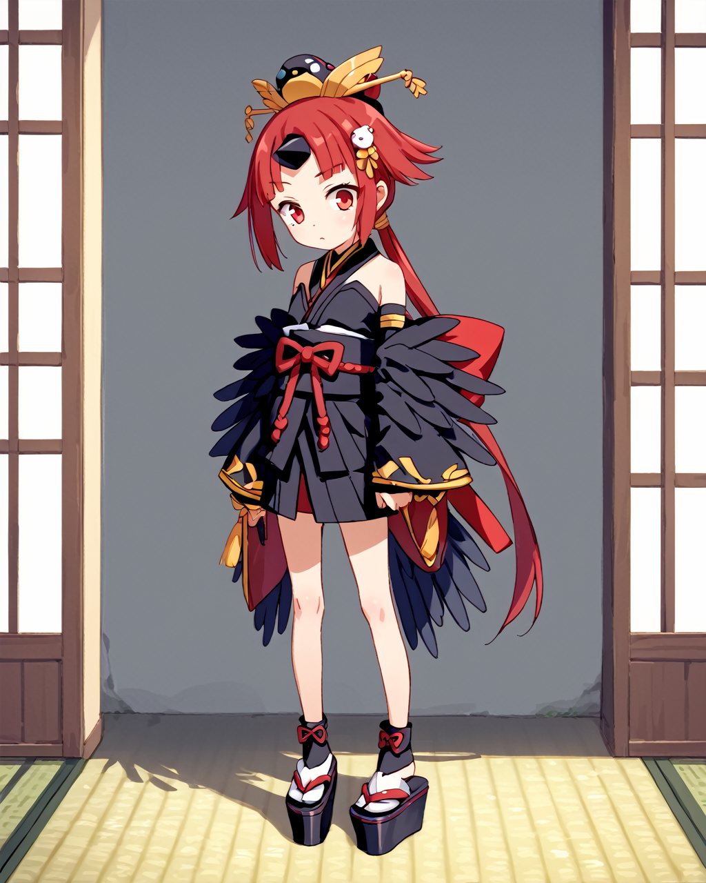 score_9, score_8_up, score_7_up, BREAK source_anime,masterpiece, best quality, highly detailed,absurdres, anime,highres,8k, shadow,uncensored,
, indoors, simple background, home, 
, (cute child:1.1), aged down, ,  cunny, brat, mesugaki,
, full body, standing,  
, 
,   <lora:Dechi:1>,red eyes, red hair, long hair, folded ponytail, single horn, hair ornament, japanese clothes, black clothes, detached sleeves, Strapless Dress, feathers, platform footwear, age progression