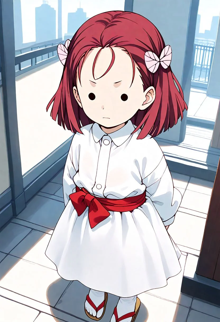 <lora:Hyper-SDXL-8steps-lora:1><lora:Fixhands_anime_bdsqlsz_V1:1> zPDXL2, score_9, score_8_up, score_7_up, source_anime, intricate details, perfect anatomy BREAK
1girl, solo, chibi, (ds-terauchikiyo, pink hair ribbon, pink butterfly hair ornament, medium hair:1.3), black hair, black eyes, collared shirt, white dress, pink obi, white skirt, white socks, sandal,
from above, arms behind back, Skeptical, Raised eyebrows and a slightly pursed mouth.,
outdoors, city, tokyo, japan,
<lora:ds-butterfly_mansion_girls_XL(pony)v10:1>