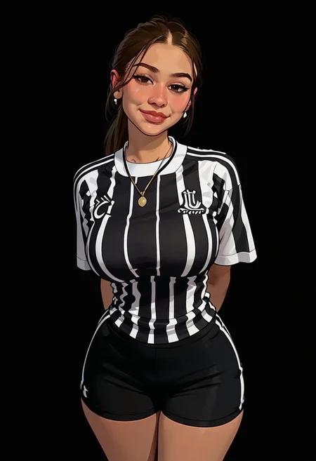 score_9, score_8_up, score_7_up, 1girl, solo, 20 years old, (((face1))), brown eyes, ((squinty eyes)), seductive smile, round face, oval face, ponytail, footballshirt, tinyshorts, black and white stripes, black and white vertical stripes, juve footballshirt, yellow tinyshorts, hiddenshorts, dynamic pose, curves, juicy body, juicy, wide hips, huge perfect round breasts, huge boobs, juicy thighs, looking at viewer, standing,