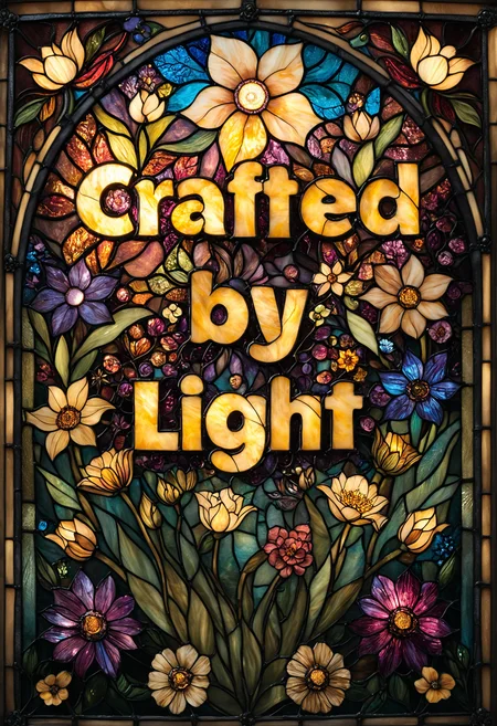 text "Crafted by Light", Stained Glass, flower style, detailed, elegant, sharp focus, professional composition, colorful, very inspirational, open atmosphere, cinematic, composed, intricate, beautiful, stunning, highly detail, artistic, color light, relaxed, heroic, amazing, best, joyful, cute, inspired, pretty, illuminated, warm, lovely, creative, positive