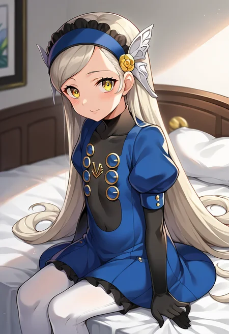 score_9, score_8_up, score_7_up, source_anime, masterpiece, 1girl, ct_l4v3nza, platinum blonde hair, yellow eyes, blue short dress, puffy short sleeves, black elbow gloves, white pantyhose, black bloomers, shiny skin, smile, blush, looking at viewer, indoors, depth of field, sitting, bed, <lora:Lavenza_p5_ct:0.9>