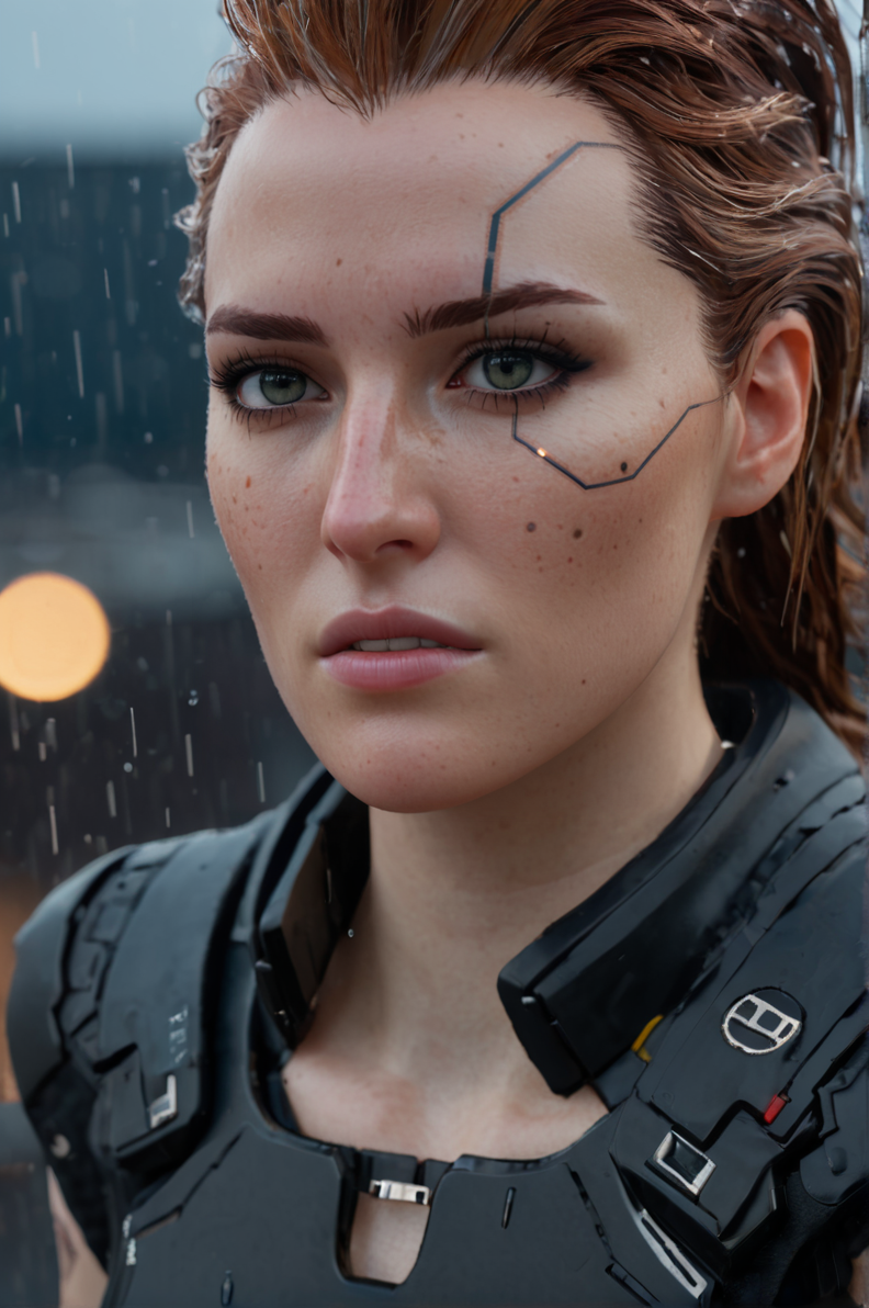<lora:Meredith_Stout_from_Cyberpunk_2077_101:0.7> meredith101cyberpunk freckles portrait , on a rooftop in the rain  , finely detailed eyes, moody, , epic scene, epic composition, Photography, Cinematic Lighting, Volumetric Lighting, ethereal light, intricate details, extremely detailed volumetric rays 35mm photograph, film, bokeh, professional, 4k, highly detailed . Bleak, post-apocalyptic, somber, dramatic, highly detailed