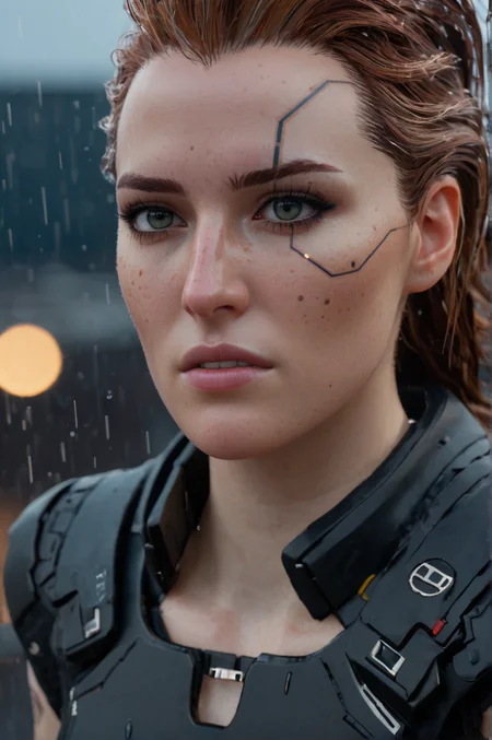 <lora:Meredith_Stout_from_Cyberpunk_2077_101:0.7> meredith101cyberpunk freckles portrait , on a rooftop in the rain , finely detailed eyes, moody, , epic scene, epic composition, Photography, Cinematic Lighting, Volumetric Lighting, ethereal light, intricate details, extremely detailed volumetric rays 35mm photograph, film, bokeh, professional, 4k, highly detailed . Bleak, post-apocalyptic, somber, dramatic, highly detailed