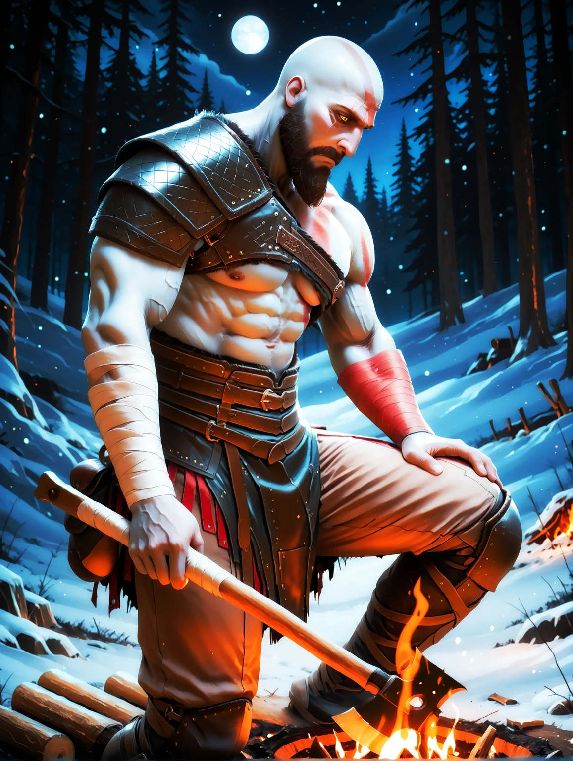 masterpiece, best quality, amazing quality, solo, imtdragkratos, from side, 1boy, bald, facial hair, wrinkles, beard, armor, muscular, scar, manly, tattoo, shoulder armor, belt, abs, single pauldron, mustache, scar on face, scar across the eye, bandages, knife, mature male, brown pants, yellow eyes, pale skin, holding, with an axe in his hands, raising an axe, chopping wood, in the middle of a forest, next to a campfire, face of effort, night, snowy environment, snowy landscape, darkness, beautiful background, moon, cutting a log with an axe