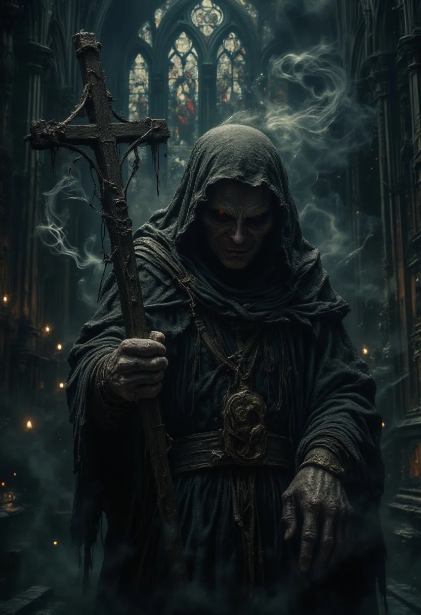 horror show, monster, nightmare, fear, Cinematic style
play of shadow and light,
"An eerie, dark gothic scene featuring an elderly, haunted priest in an ancient, dimly lit cathedral. The priest, dressed in worn black robes, holds a weathered cross, with a look of grim determination and sorrow. His eyes glow ominously red, adding a supernatural and unsettling quality. Thick, swirling smoke surrounds him, and faint candlelight illuminates the stained glass windows in the background, casting ethereal colors into the otherwise shadowy atmosphere. In front of him, a grotesque figure or monstrous creature kneels, partially obscured by shadows and the smoky haze, evoking a feeling of dread and despair."
