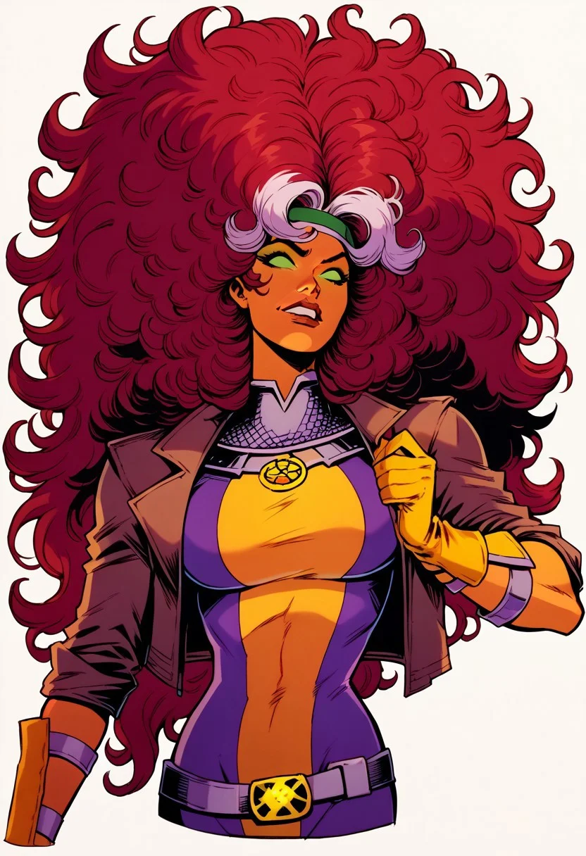 score_9, score_8_up, score_7_up, 1girl, solo, StarfireDG, DEFRogue, orange skin, green eyes, no pupils, lipstick, red hair, two-tone hair, long hair, white bangs, dyed bangs, messy hair, headband, big breasts, cropped jacket, brown jacket, purple bodysuit, long bodysuit, yellow gloves, belt, yellow boots, full clothed, smug, full body,