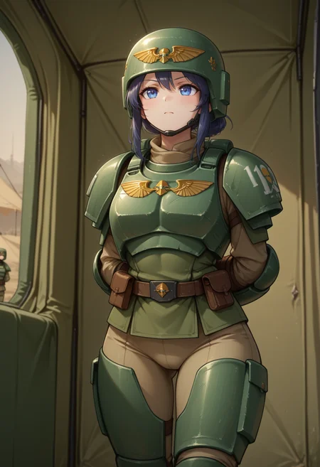 in a tent
1girl
astra militarum, armor, tight pants, helmet <lora:cadian-il:1> cadian
standing at attention, hands behind back, masterpiece, best quality