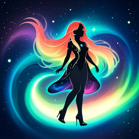 <lora:Minimalist_Anime_XL:1> minimal1st, solo, bright colors, vivid lighting, high contrast, (faceless female, colored skin:1.2), long hair, flowing hair, cosmic hair, curvy, floating, (outer space, aurora borealis, twinkling stars, planets), high heels