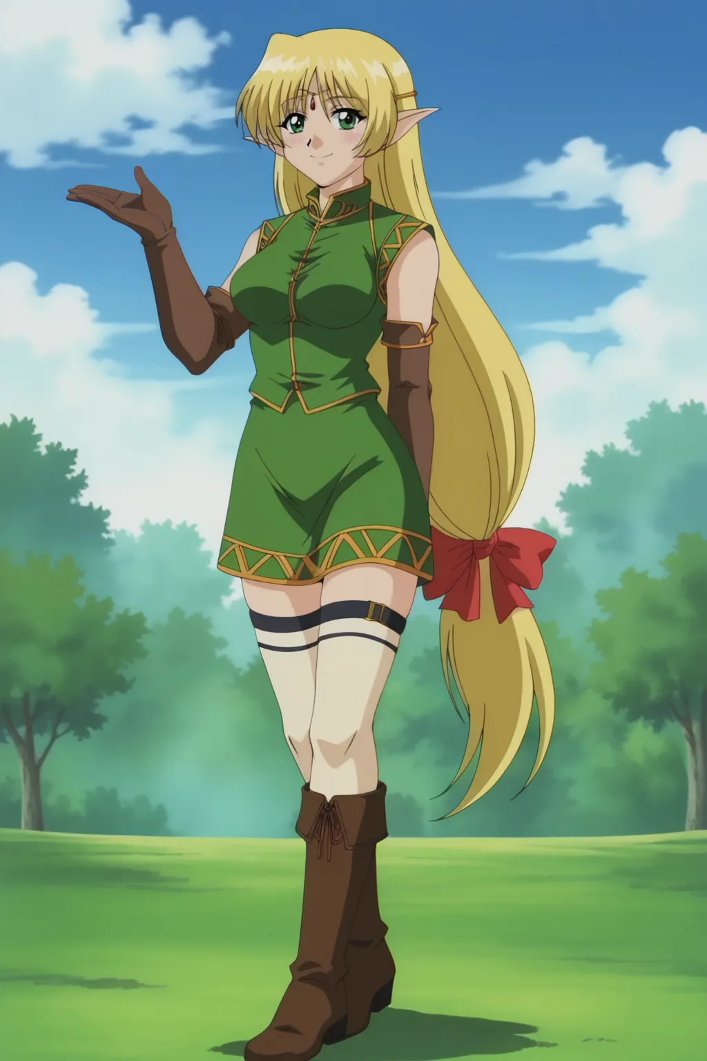 score_9, best, masterpiece, uncensored,
1girl, (solo:1.2), smile, 1990s (style), retro artstyle, official style,
Yuno, sleeveless green tunic with gold accents, sleeveless green tunic with gold accents and tails over skirt, brown boots with shoelaces, brown elbow gloves with gold trim, light yellow thighhighs with black accents, low-tied long hair with red bow, circlet, black thigh straps over thighhighs,
<lora:KPDGYuno_V4:0.8>​​​