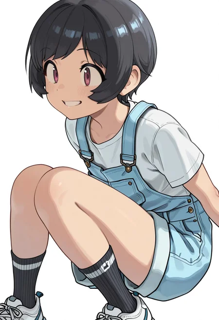 Score_9, Score_8_up, Score_7_up, Score_6_up, Score_5_up, Score_4_up, (masterpiece, best quality:1.2), soft_lighting, soft_skin_tone,  
BREAK
focus on face, 1girl, kanakochan, d-cup, spring clothing, white t-shirt, overalls, shorts, socks, shoes, grin, 
BREAK
white background, simple background