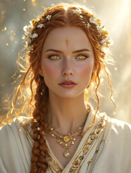 breathtaking detailed, masterpiece, absurdres, awe-inspiring, best quality, vibrant colors, nbn-freyja, auburn hair, yellow eyes, braids, flowers in hair, white robe with runes, necklace, parted lips, looking at viewer, close up, realistic, golden lighting<lora:sdxl_NBN-Freyja_NordicByNature.safetensors:0.8:0.8>