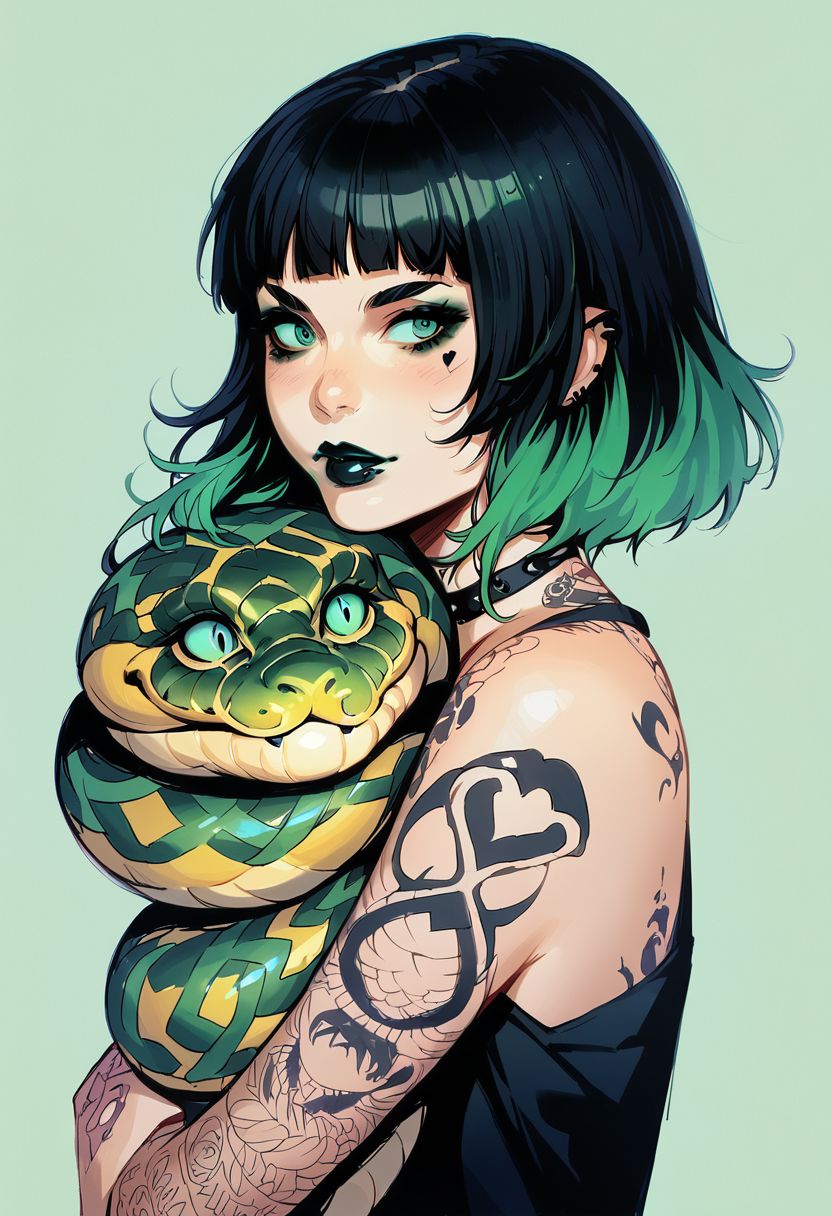score_9, score_8_up, score_7_up, score_6_up,  source_anime,  p3tl0v3, 1girl,  goth girl, black hair, multi colored hair, green hair streaks,  green eye shadow, black lipstick, tattoos, snake, 1ly4, hugging pet, realistic, traditional painting,
