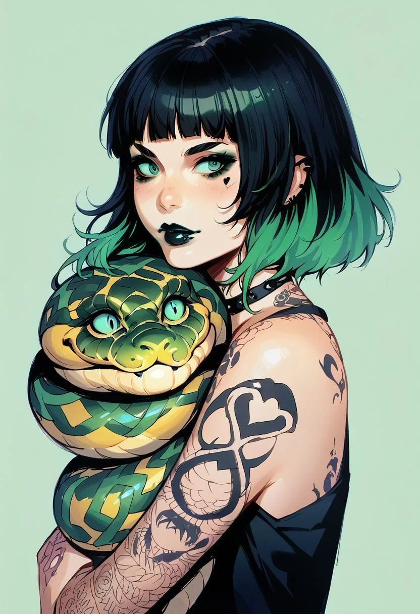 score_9, score_8_up, score_7_up, score_6_up, source_anime, p3tl0v3, 1girl, goth girl, black hair, multi colored hair, green hair streaks, green eye shadow, black lipstick, tattoos, snake, 1ly4, hugging pet, realistic, traditional painting,