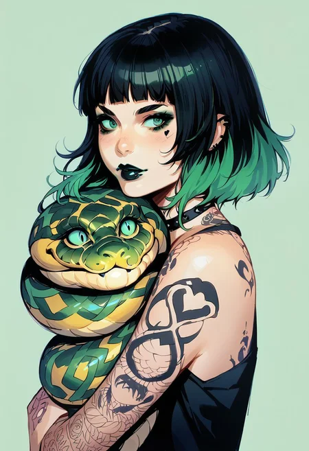 score_9, score_8_up, score_7_up, score_6_up,  source_anime,  p3tl0v3, 1girl,  goth girl, black hair, multi colored hair, green hair streaks,  green eye shadow, black lipstick, tattoos, snake, 1ly4, hugging pet, realistic, traditional painting,