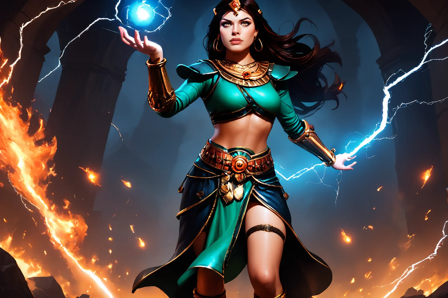 score_9, score_8_up, score_7_up, masterpiece, high quality, realistic
<lora:D2 SorcPonyLora:1> src, long hair, tiara, necklace, crop top, hoop earrings, bracer, midriff, belt, skirt, thigh strap, boots, anklet, magic, electricity, lightning, fire, casting macgic, attackting, fireball, focused, solo