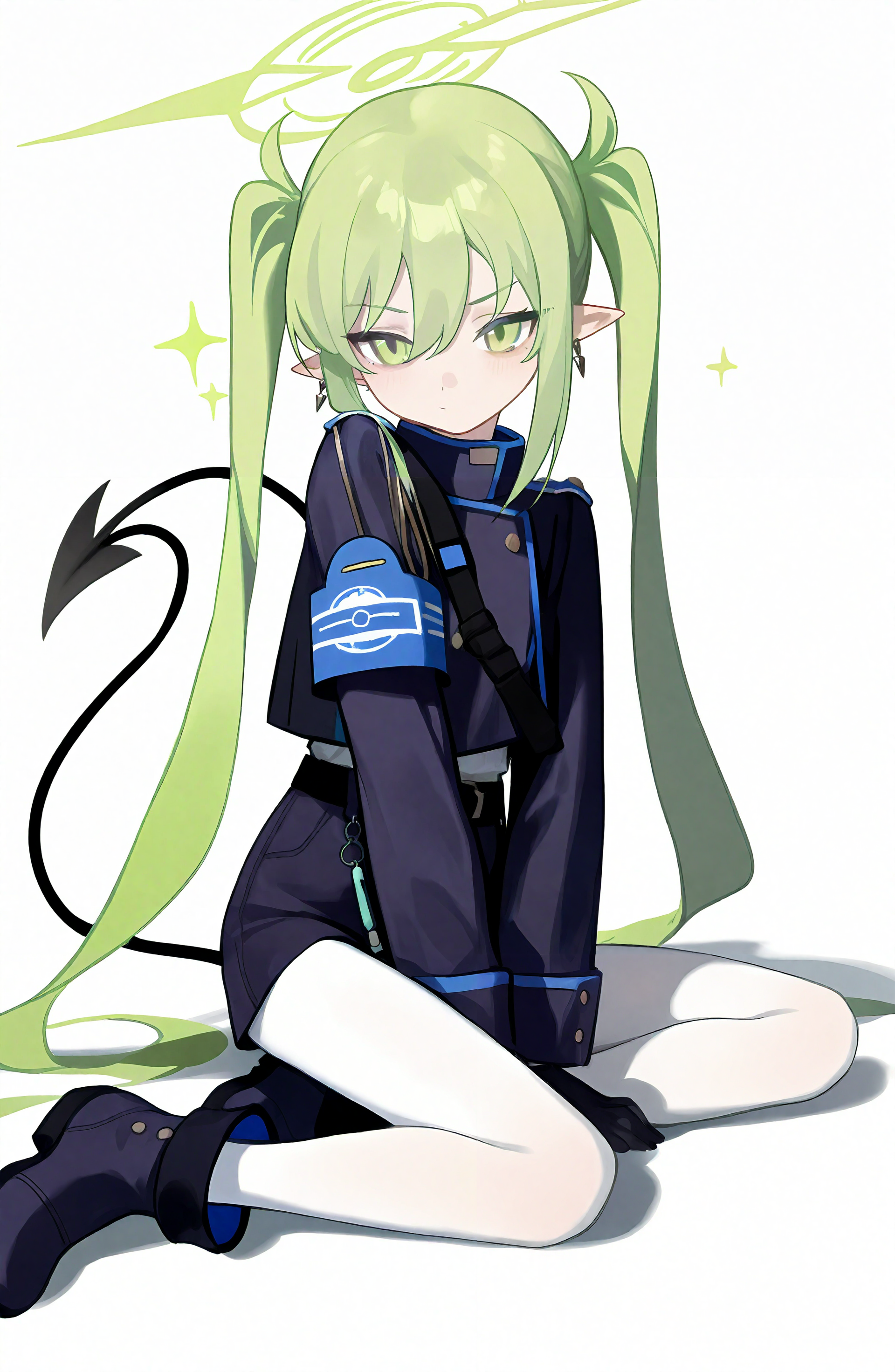 1girl, solo, long_hair, simple_background, long_sleeves, white_background, gloves, closed_mouth, jewelry, very_long_hair, sitting, twintails, jacket, tail, pantyhose, earrings, boots, shorts, green_hair, pointy_ears, black_footwear, black_jacket, demon_tail, armband, white_pantyhose, head_out_of_frame