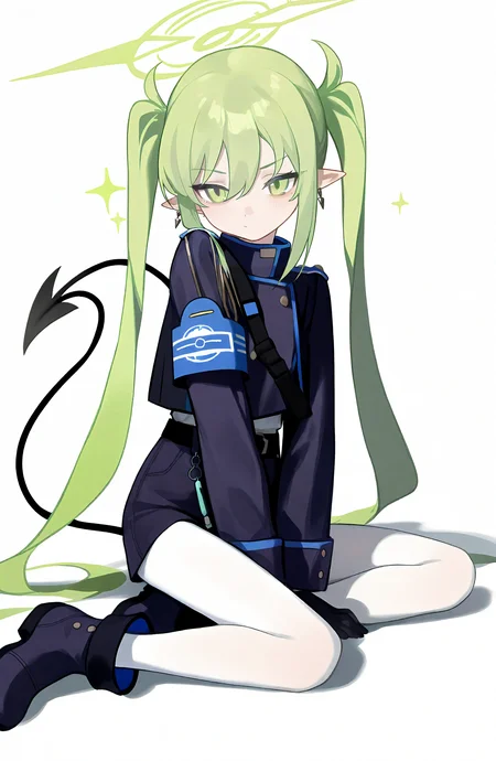 1girl, solo, long_hair, simple_background, long_sleeves, white_background, gloves, closed_mouth, jewelry, very_long_hair, sitting, twintails, jacket, tail, pantyhose, earrings, boots, shorts, green_hair, pointy_ears, black_footwear, black_jacket, demon_tail, armband, white_pantyhose, head_out_of_frame