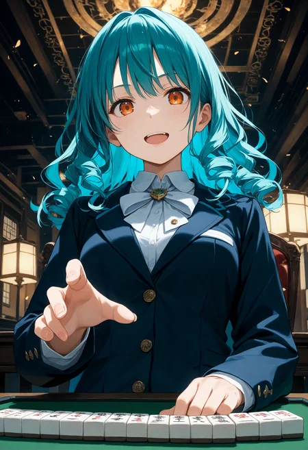 score_9, score_8_up, score_7_up , source_anime, masterpiece, best quality, perfect anatomy , very aesthetic , absurdres ,
1girl, school uniform, medium breasts, solo,<lora:mahjong_Pony_v1:0.9>
mahjong, mahjong tile, mahjong table, board game, playing games,holding mahjong tile,indoors, sitting, chair,
from below, wide shot, looking at viewer,aqua hair, orange eyes,open mouth, curly hair, guilt