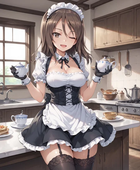 score_9, score_8_up, score_7_up, score_6_up, masterpiece, 1girl, solo,
medium breasts, large breasts, wide hips, thighhighs, corset, Dress, open mouth, indoors, <lora:Mika_from_Girls_und_Panzer_Character_PonyXL:0.6>, mika (girls und panzer), brown hair, brown eyes, light smile, maid, holding cup, holding teapot, table, one eye closed, kitchen, black legwear, black gloves,