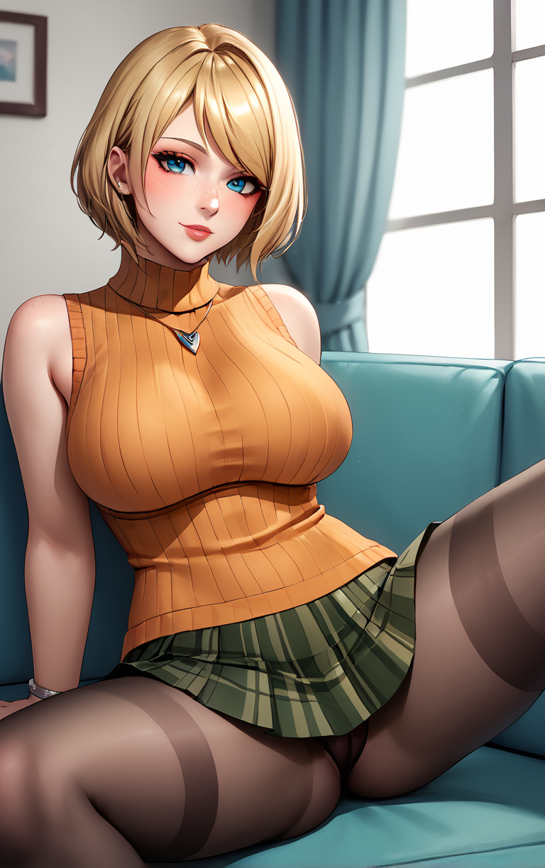 score_9, score_8_up, score_7_up, masterpiece, best quality, absurdres,  solo, BREAK
TurtleNeckSweater_Ashley_ownwaifu,
1girl, blue eyes, short hair, blonde hair, bob cut, jewelry, necklace, lips, large breasts, freckles, bangs, nose, swept bangs, 
sleeveless turtleneck, bare shoulders, green skirt, plaid skirt, orange sweater, miniskirt, ribbed sweater, bracelet, sleeveless sweater, pleated skirt, black pantyhose, thighband pantyhose, turtleneck sweater, watch,  taut clothes,
(sitting, spread legs), arms behind back, couch, window shade, indoors, <lora:PONYXL_ResidentEvil4Remake_Ashley_ownwaifu:0.95> , depth of field
