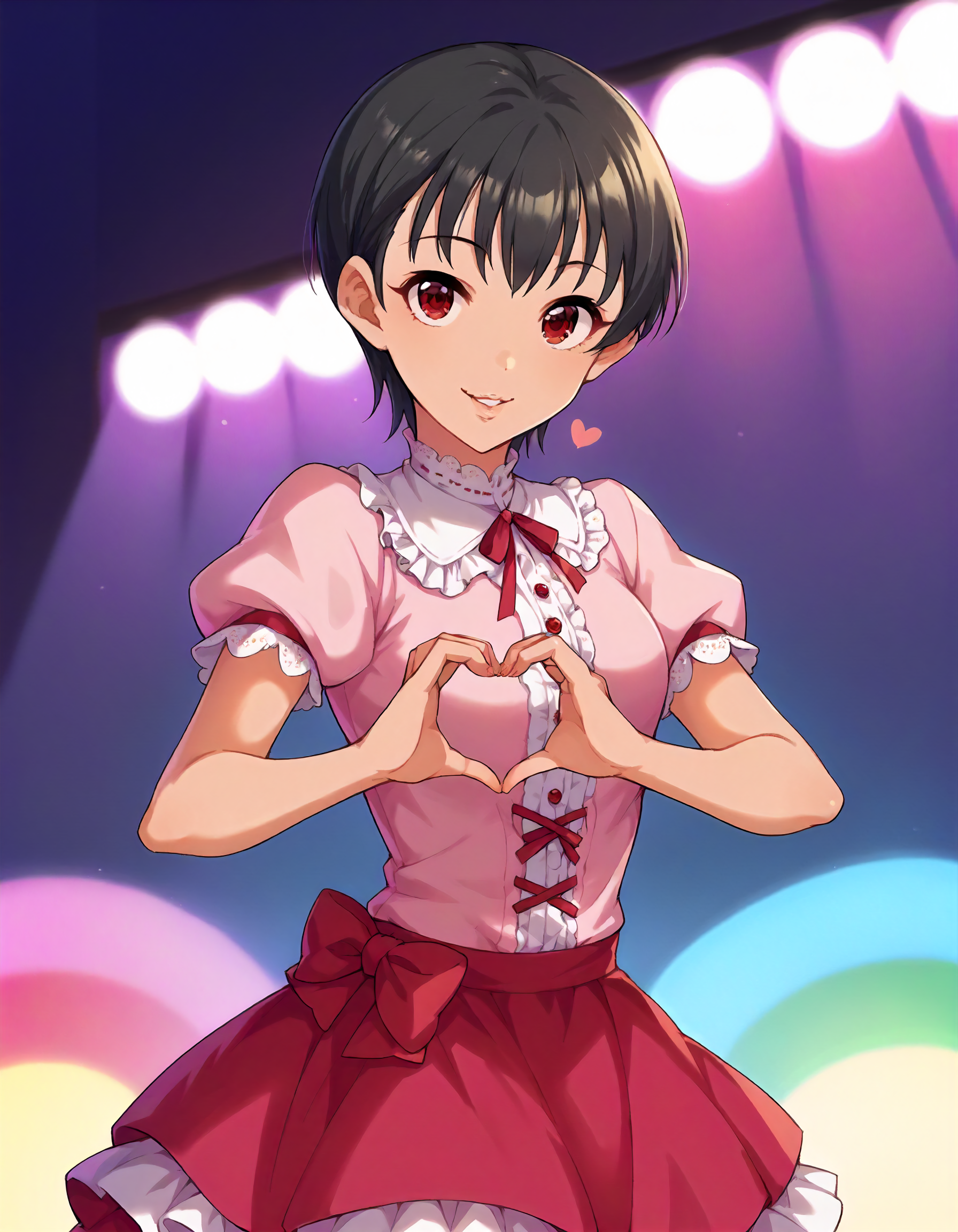 score_9,score_8_up,score_7_up,1girl,solo,cowboy shot,looking at viewer,smile,parted lips,heart hands,stage lights,
<lora:matsubarasaya_ponyXLV6:0.8>,cgmsy,black hair,short hair,red eyes,
puffy short sleeves,pink dress,red skirt