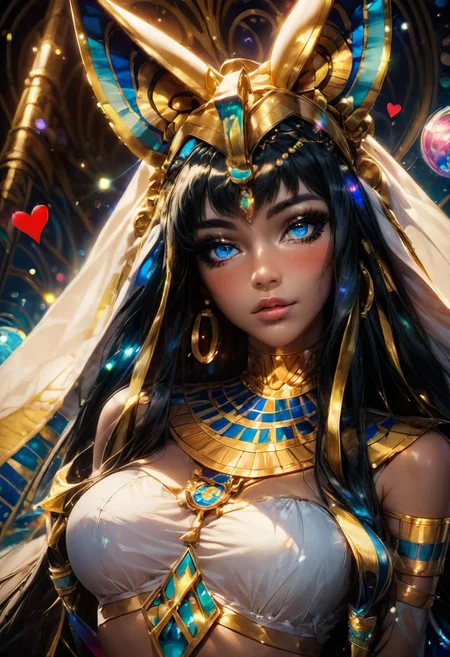 score_9, score_8_up, score_8, big breasts, (ultra realistic,32k, masterpiece:1.2),(high detailed skin:1.1),( high quality:1.1), (curvy), cute, eyelashes,
(upper body, portrait:1.1),
zzRamesses, blue eyes, black hair, jewelry, gold,
pharaoh's headdress, animal ears hat, white crop top,
curvy, head tilt, hearts, blush, lips, curvy, head tilt, shiny clothes, upper body, looking at viewer, bokeh, luminescent background, zPDXL
