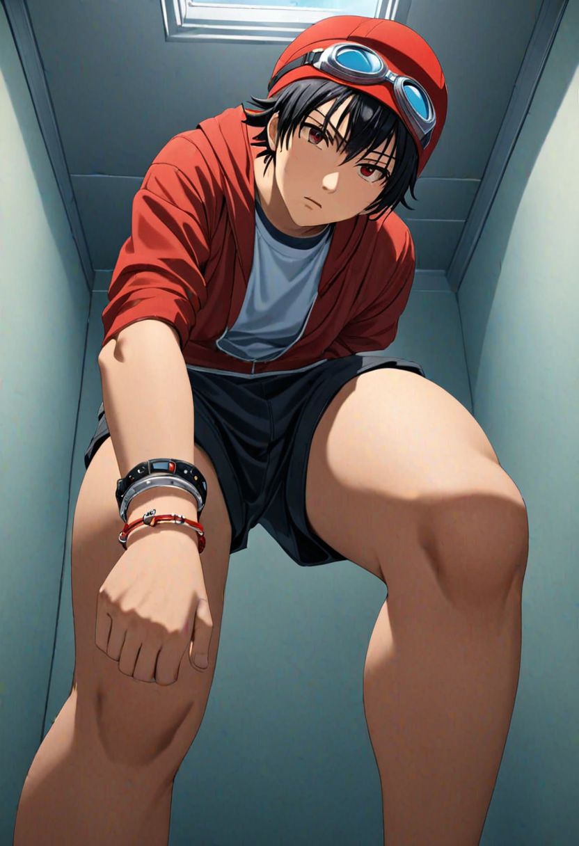 Highres, Masterpiece, High Quality, 4K, Yuusuke Fujisaki, 1boy, solo, black hair, Disregard, dominant, looking at viewer, threaten, standing oppressively over the viewer, dark Room, Cramped room, seen from below, Realistic Light, red hat, goggles, bracelet, anklet