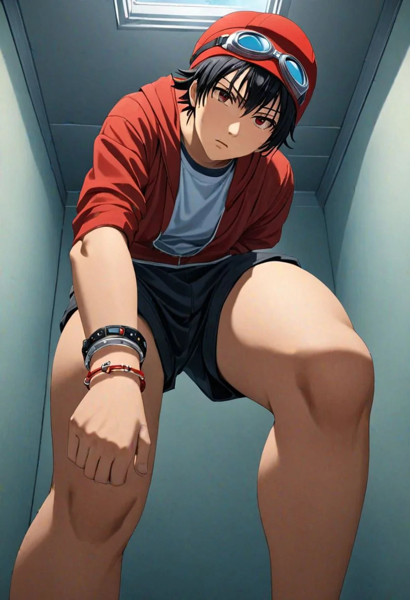 Highres, Masterpiece, High Quality, 4K, Yuusuke Fujisaki, 1boy, solo, black hair, Disregard, dominant, looking at viewer, threaten, standing oppressively over the viewer, dark Room, Cramped room, seen from below, Realistic Light, red hat, goggles, bracelet, anklet