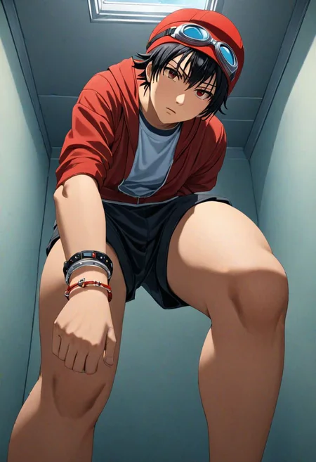 Highres, Masterpiece, High Quality, 4K, Yuusuke Fujisaki, 1boy, solo, black hair, Disregard, dominant, looking at viewer, threaten, standing oppressively over the viewer, dark Room, Cramped room, seen from below, Realistic Light, red hat, goggles, bracelet, anklet