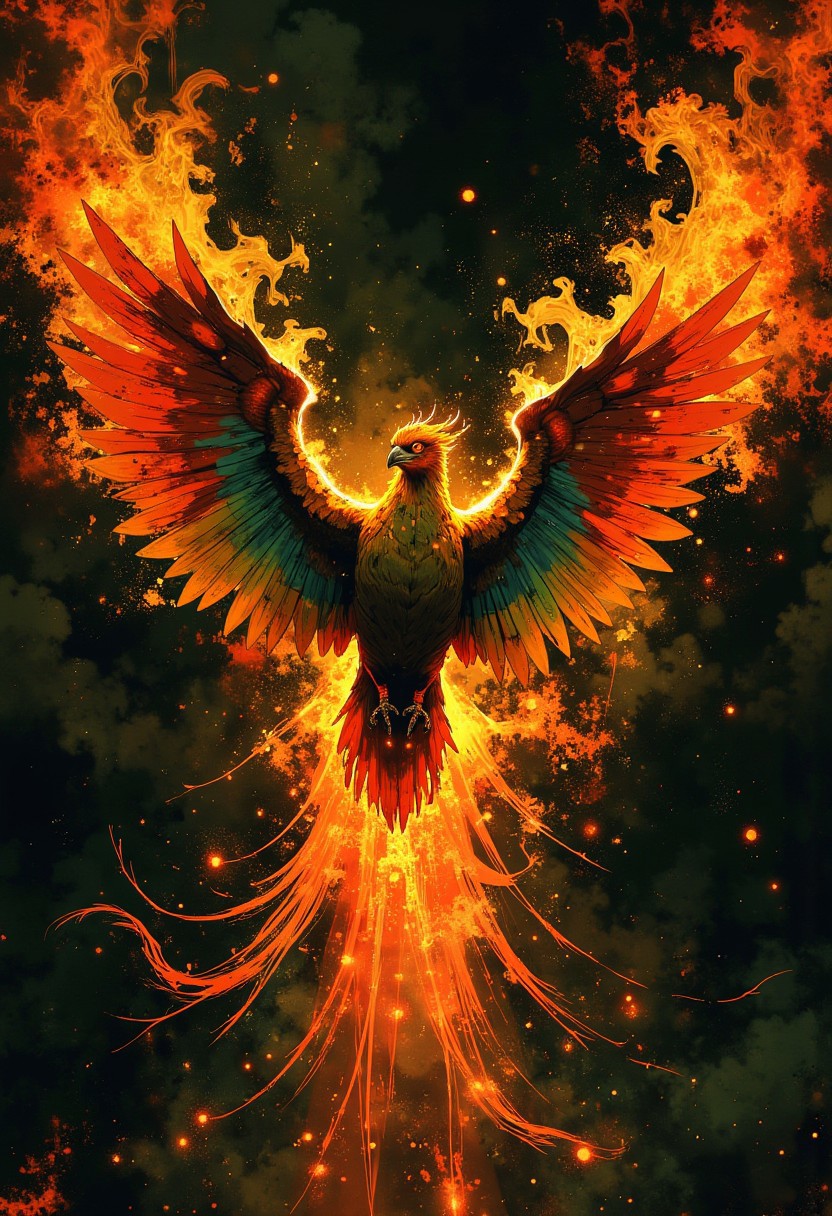 A majestic phoenix with iridescent, rainbow-hued feathers that shimmer in hues of red, orange, yellow, green, blue, and violet, its wings outstretched and engulfed in vibrant, dancing flames that lick at its body, viewed from directly above, with the fiery blaze illuminating the surrounding atmosphere, casting a warm, golden glow on the dark background, the phoenix's eyes glowing like bright, fiery embers, its beak strong and regal, and its feathers ruffled yet majestic amidst the inferno, with hints of smoke and ash swirling around its form, creating a sense of dynamic, swirling motion.