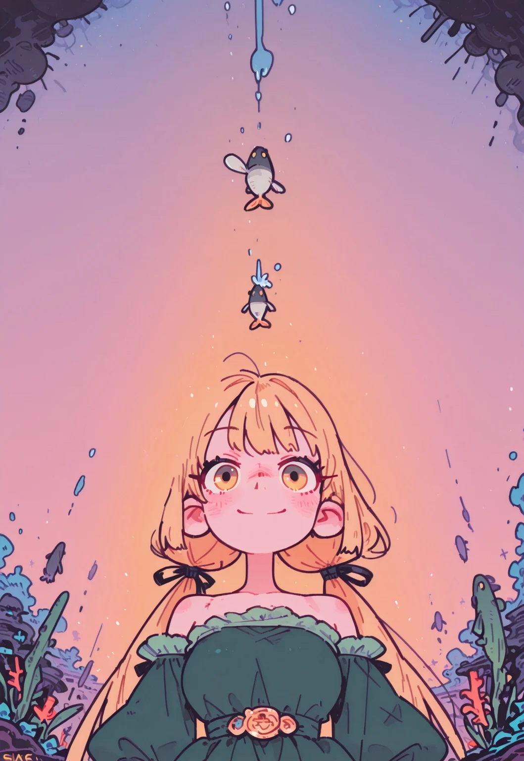 simple, flat colors, masterpiece, best quality, amazing quality, cartoon,
1girl, wife, cute, very aesthetic, feminine body, blushing, dynamic angle, beautiful eye, long eyelashes, extremely detailed eyes,
solo, long hair, twintails, yellow eyes, low twintails, blonde hair, hair ribbon, medium breasts, absurdres, looking at viewer, close up, upper body only, stylized, frowning , dynamic lighting, extremely beautiful, underwater, bare shoulders, graceful, green dress, princess dress, warm light, dynamic pose, floating, sinking, high angle, from above, pink corals, tropical fishes, lot of fishes, warm smile, deep sea, gradient pastel background, water surface,
fl4t, Illust_Neg, smr03, pointy nose,