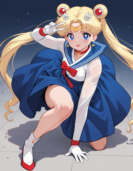 1girl, sailor moon, white hanbok, blue skirt, :P, v-sign, superhero landing, (toned:0.4), slim, masterpiece, best quality, amazing detail, high definition