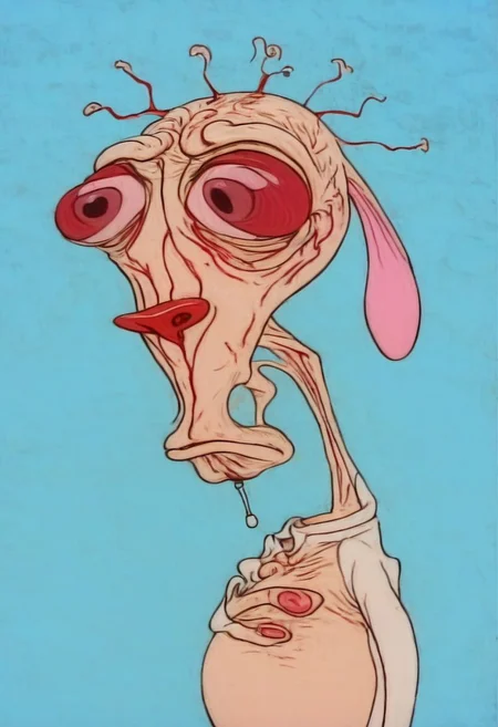 ((sharp image)), solo, upper body, ren, expression, moping, eyes have red veins, light bulb moment above head, ((eureka)), pale blue background,
no humans, easynegative, By bad artist