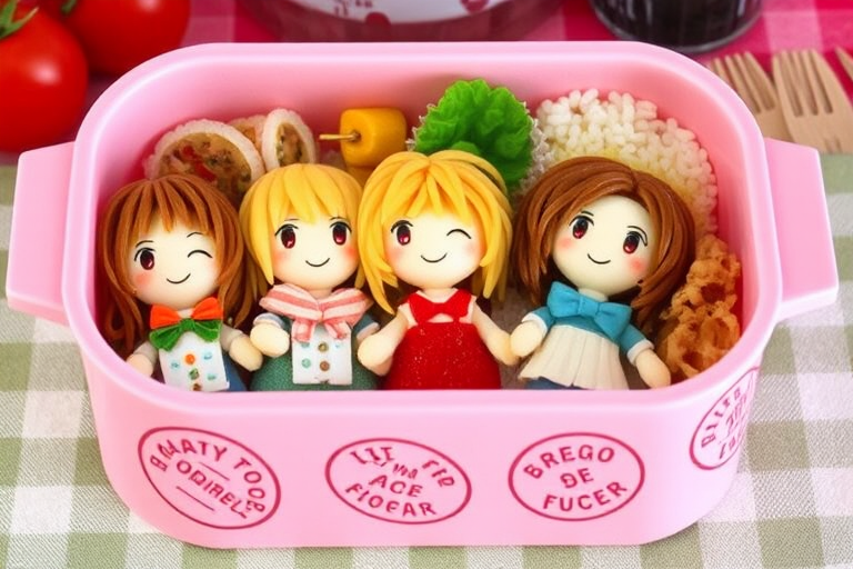 A cute, pink bento box with stamped designs, full of food, featuring a student’s lunch. The food is creatively shaped into cartoon characters, with spaghetti for hair, cherry tomatoes for eyes, and rice and spices forming the clothes. The overall style is fun and colorful, capturing the essence of a playful, Hanna Montana-inspired design. Ensure the depiction is natural and pays close attention to accurate textures and lighting throughout the scene), intricate hand-painted details, ultra-realistic textures, award-winning craftsmanship || studio rim lighting, vivid yet tense colors, UHD resolution, rich details, award winning, impactant image, dramatic pose