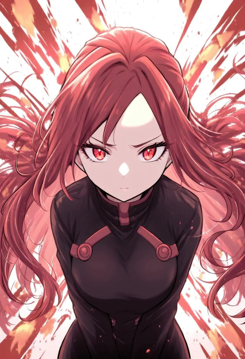 1girl, rating_safe, Asahina Suzuka, groman-ka club, art by kyouan, red eyes, long hair, red hair, red hair, tremblings, masterpiece, high score, great score, absurdres