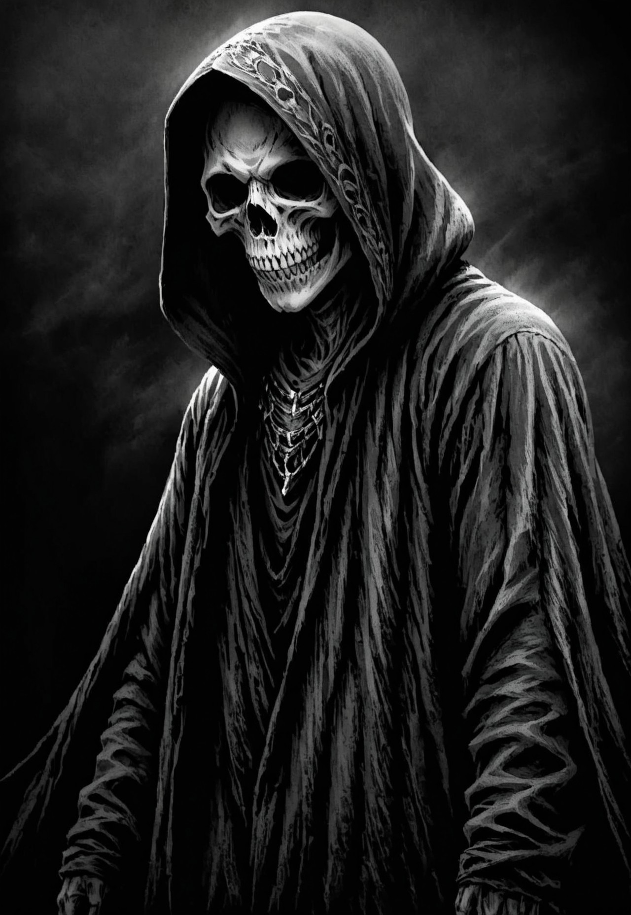 UHD, 4k, ultra detailed, cinematic, a photograph of  
Grim Reaper a person in a hoodie with a skull on his face, horror movie themed, sharp, detailed, epic photography, artistic, creative, dramatic light, cinematic style, film style, Grim Reaper style, solo, simple background, 1boy, monochrome, greyscale, male focus, teeth, hood, from side, profile, mask, black background, hood up, upper body, skull mask
, epic, beautiful lighting, inpsiring, king, crown