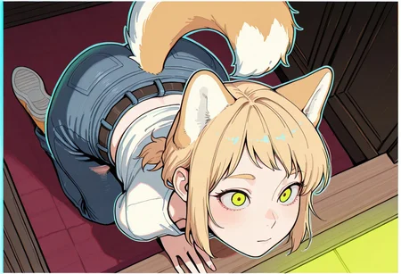 masterpiece,best quality,amazing quality, 1 woman 25yo, on al fours, shiba ears, shiba tail, tilted head, seen from above, clothes, denim,quizzical look
white outline glow, chromatic aberration, high res image, high res image