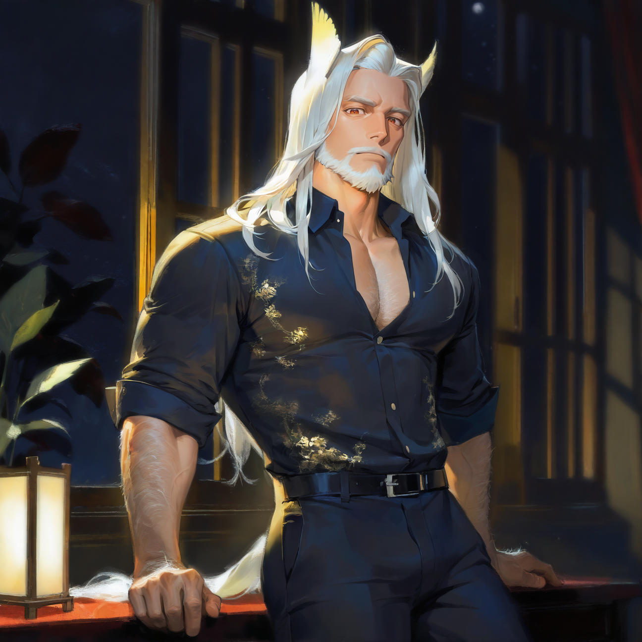 <lora:HLGIIL:.7>,1boy,male focus,black pants,mature male,long hair,beard,white hair,animal ears,white hair,old,old man,
aixiwuganda_(20222192), (artist:niichi \(niichi21\):0.5), (artist:jezz mons art:0.8), (artist:my eight:0.8), facial hair, stubble,
solo, muscular male, bara, mature, asian, (hairy, hairy body), short hair, male focus, facial hair,
very awa, masterpiece, best quality, absurdres, newest, perfect quality, detailed background, intricate details,
<lora:slider_Body Type_alpha1.0_rank4_noxattn_last:1><lora:style_Anime Summer Days 2 Style SDXL_LoRA_Pony Diffusion V6 XL:.6><lora:style_Low-Key Lighting Style - pony:.5>, DARK, DARK BACKGROUND, LOW-KEY LIGHTING <lora:slider_cfg_scale_boost:.7>